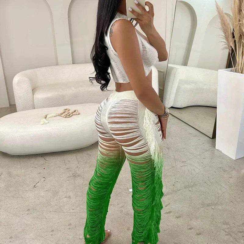 Gradient Color Crochet Two Piece Set - Summer Crop Top & Wide Leg Pants - Buy Center UK