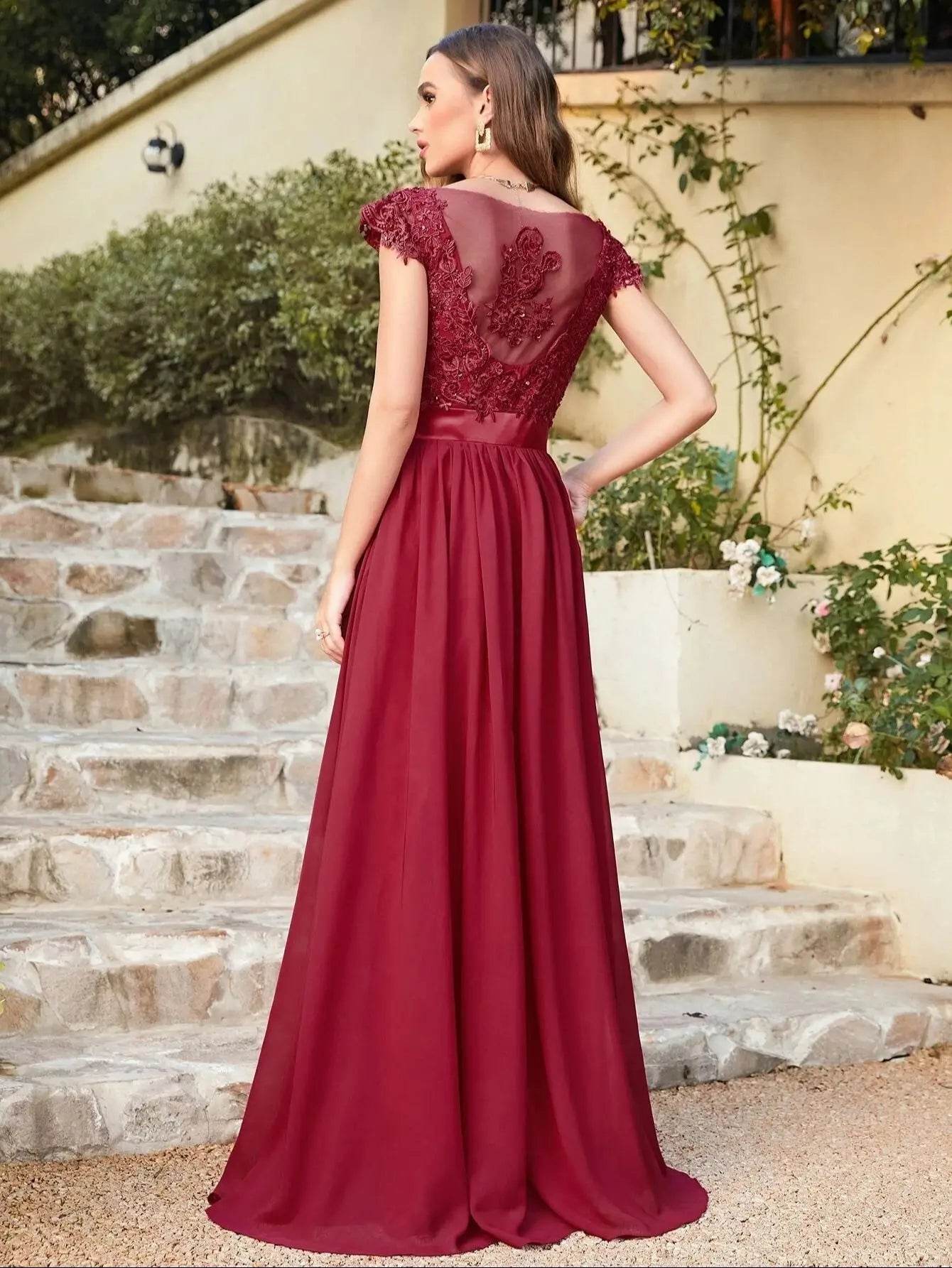 Elegant Burgundy Bridesmaid Dresses - V Neck Chiffon Maxi Gown - Buy Center UK