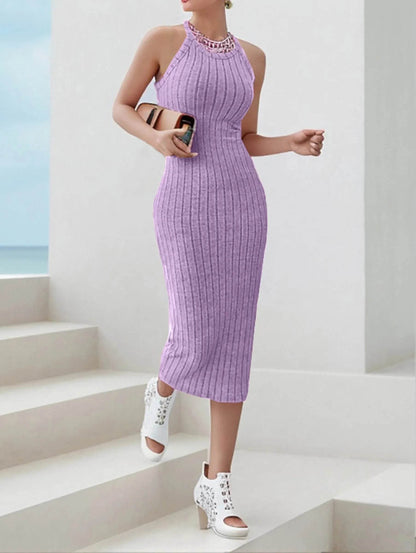 Buy Center Ribbed Midi Dress - Solid Halter Neck Bodycon Style - Buy Center UK