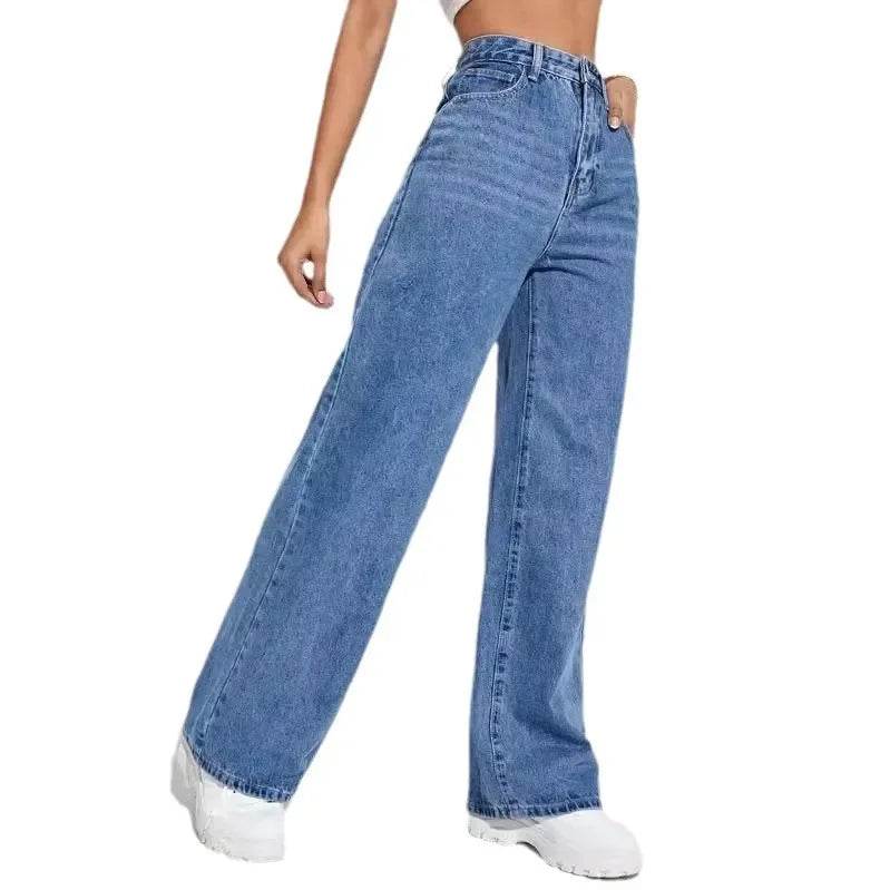Trendy Mid Waist Straight Leg Jeans - Comfortable Blue Denim Pants - Buy Center UK