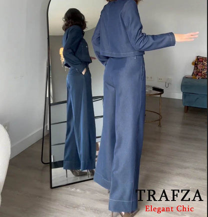 TRAFZA Women's Casual Jacket Set - O-Neck, Wide Leg Pants, Spring Style - Buy Center UK