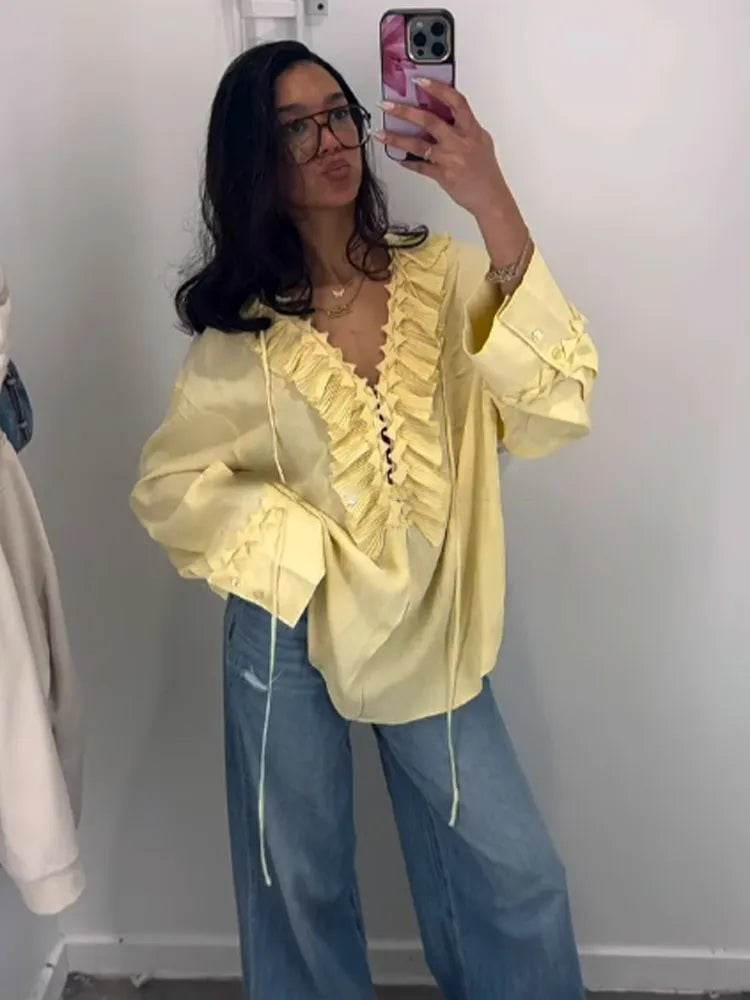 Buy Center Yellow Ruffled Lace-Up Shirt - Lightweight V Neck Blouse - Buy Center UK