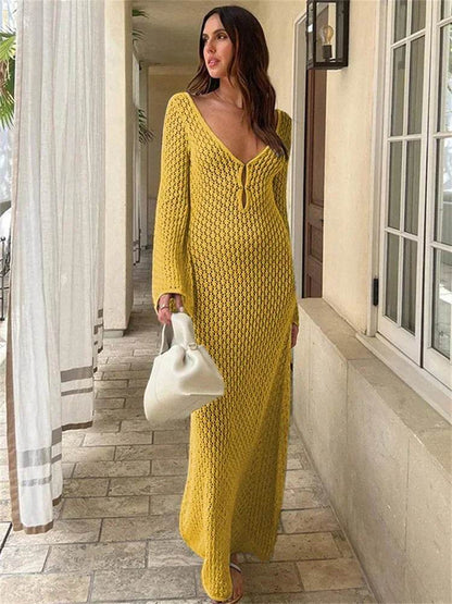 BWQ White Knit Maxi Dress - See-Through V-Neck Beach Cover Up - Buy Center UK