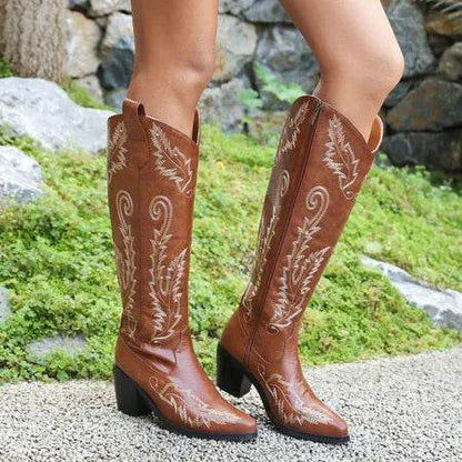 Buy Center Red Leather Cowboy Boots for Women - Chunky Heel, Embroidered - Buy Center UK