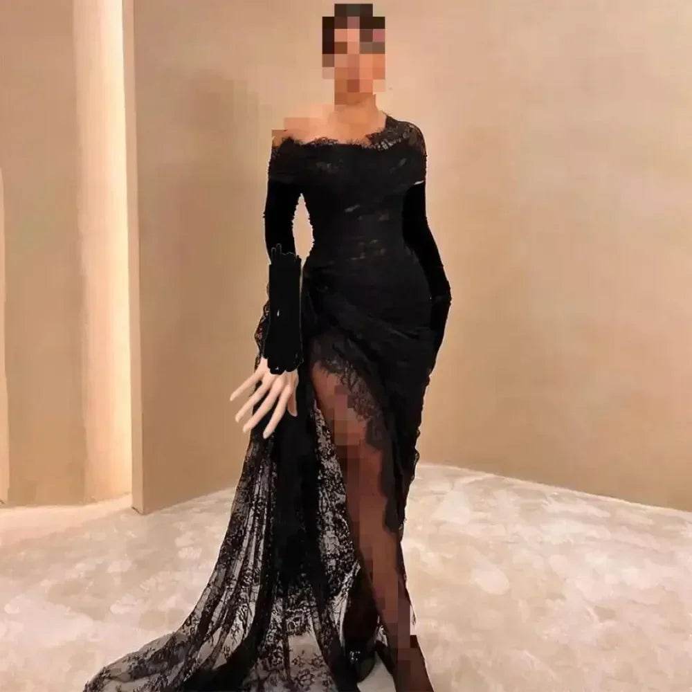 Vintage Black Prom Dress - Ankle Length Pleated Lace Evening Gown - Buy Center UK