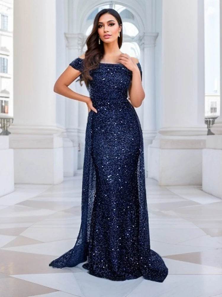 Romagic Navy Blue Mermaid Gown - Off Shoulder Sequin Dress 2025 - Buy Center UK
