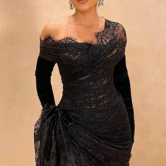 Vintage Black Prom Dress - Ankle Length Pleated Lace Evening Gown - Buy Center UK