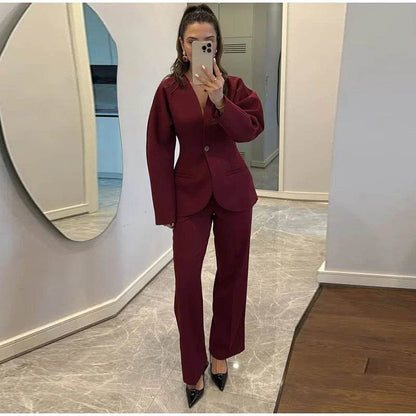 Elegant Blazer Pants Set for Women - Deep V-neck, Shoulder Pads - Buy Center UK