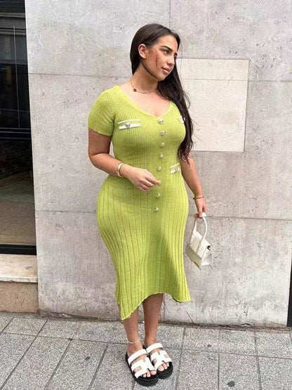 Buy Center Elegant Knitted Long Dress - V-neck Bodycon for Summer - Buy Center UK