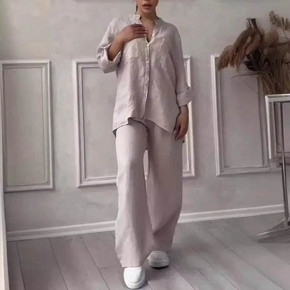 Buy Center Women's Linen Drawstring Shirt & Wide Leg Pants Set - Buy Center UK