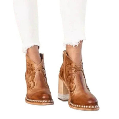 Buy Center Women's Ankle Boots - Leather, Low Heel, Embroidered Design - Buy Center UK