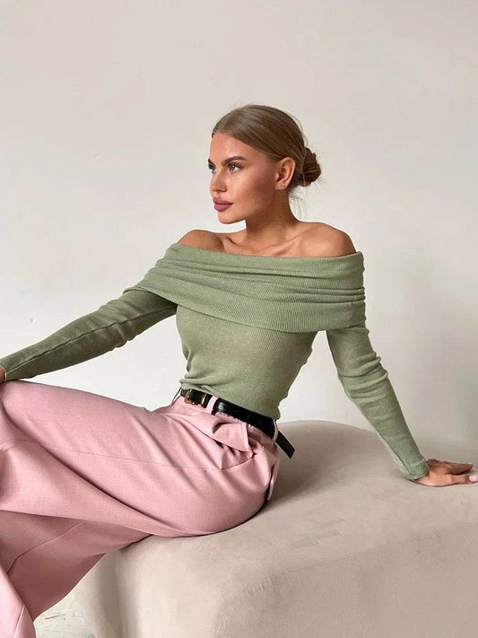 Wolfeel Women's Off Shoulder Wool T-shirt - Chic & Cozy Sweater - Buy Center UK