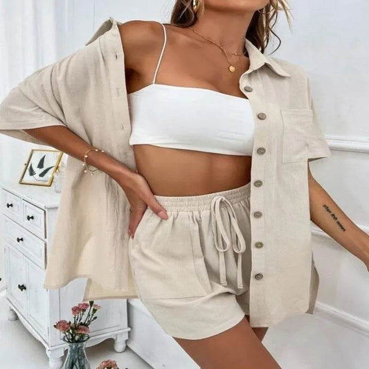Summer Fashion Shorts Two-Piece Set - Casual Tied Shirt & Loose Fit - Buy Center UK