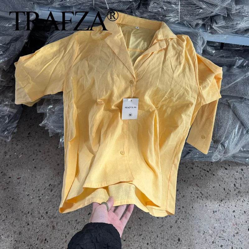 TRAFZA 2025 Summer Set - Casual Cotton Linen Long Sleeve Shirt & Shorts - Buy Center UK
