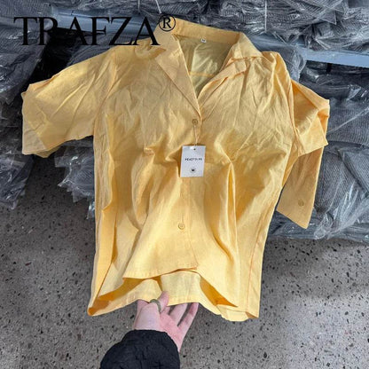 TRAFZA 2025 Summer Set - Casual Cotton Linen Long Sleeve Shirt & Shorts - Buy Center UK