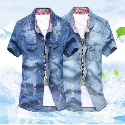 Stylish Korean Men's Slim Fit Ripped Denim Shirt - Summer Casual Top - Buy Center UK