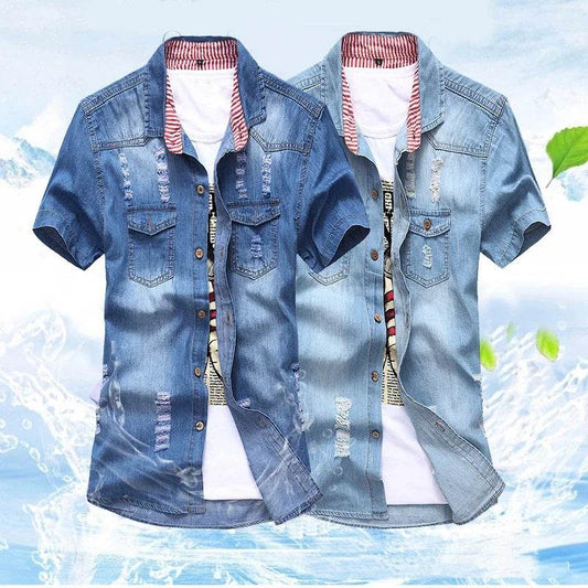 Stylish Korean Men's Slim Fit Ripped Denim Shirt - Summer Casual Top - Buy Center UK