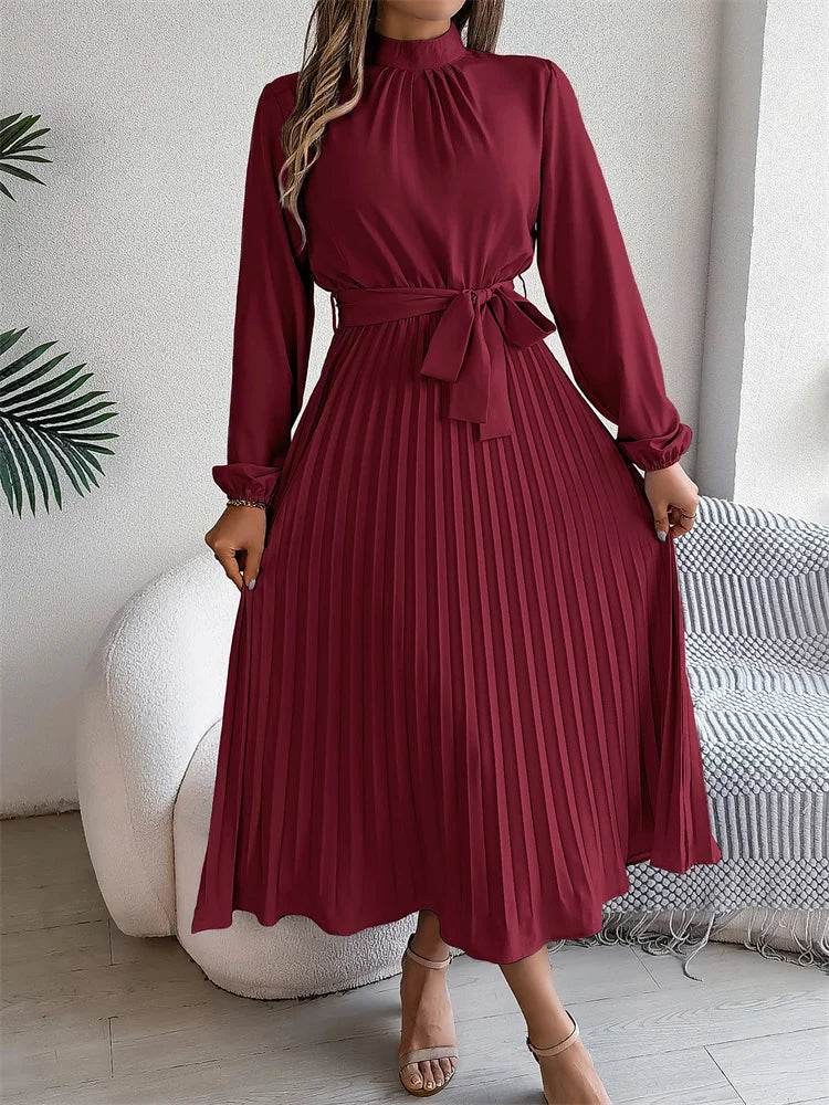 Msfilia Elegant Stand Collar Dress - Full Sleeve High Waist Design - Buy Center UK