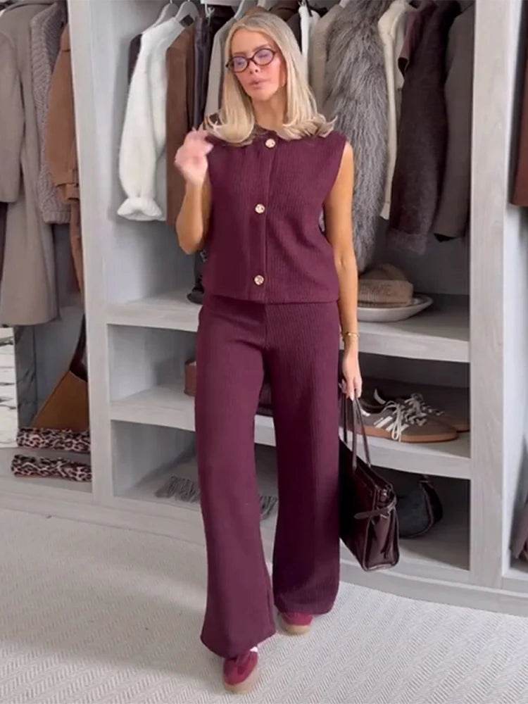 Elegant Burgundy Knitted Tank Top & Wide Leg Pants Set for Women - Buy Center UK