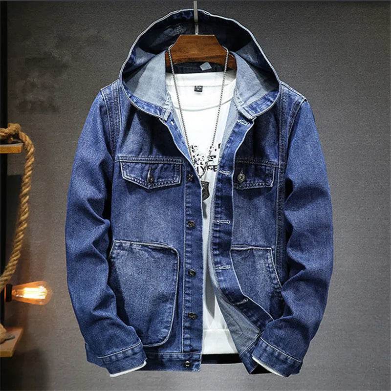 Buy Center Men's Hooded Denim Jacket - Windproof with Large Pockets - Buy Center UK
