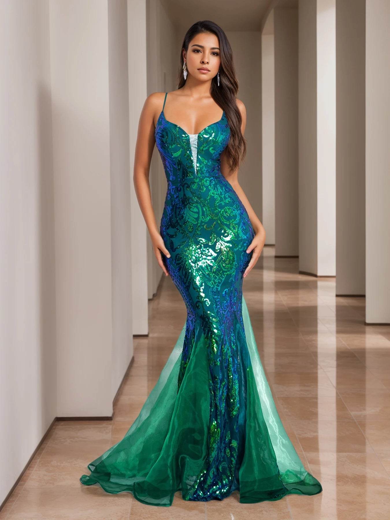 Romagic Deep V Neck Sleeveless Maxi Dress - Luxury Sequined Gown - Buy Center UK