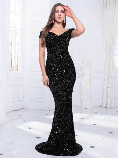 Romagic Off The Shoulder Evening Dress - Luxe Velvet Sequin Gown - Buy Center UK