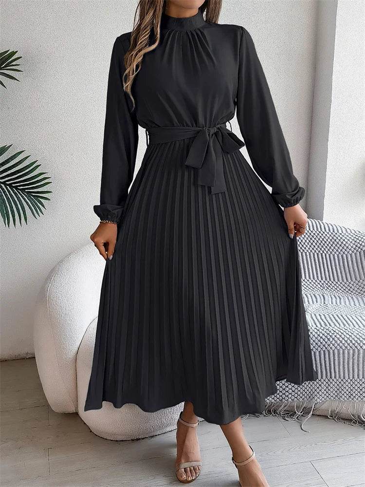 Msfilia Elegant Stand Collar Dress - Full Sleeve High Waist Design - Buy Center UK