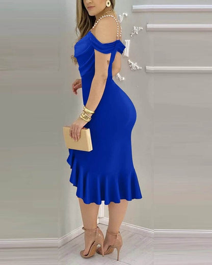 Buy Center Off Shoulder Midi Dress - Ruffle Hem & Slit Design - Buy Center UK