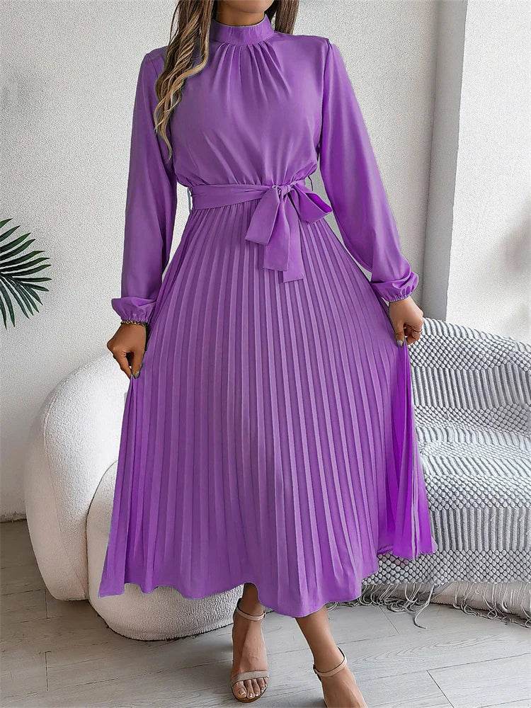 Msfilia Elegant Stand Collar Dress - Full Sleeve High Waist Design - Buy Center UK