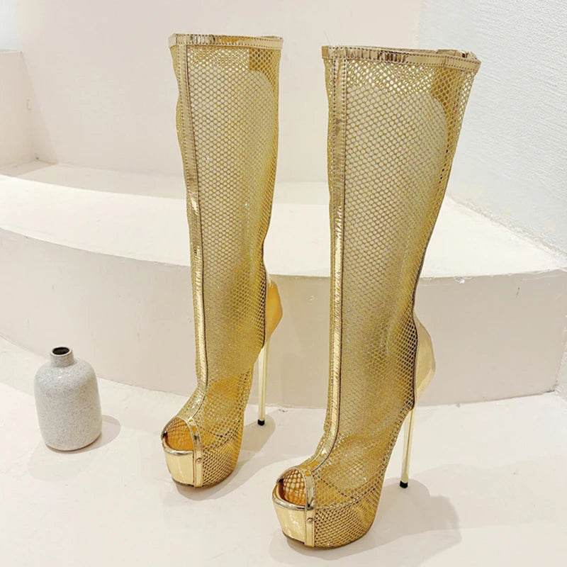 Liyke Sexy Peep Toe Knee High Boots - Gold Stripper Platform Heels - Buy Center UK