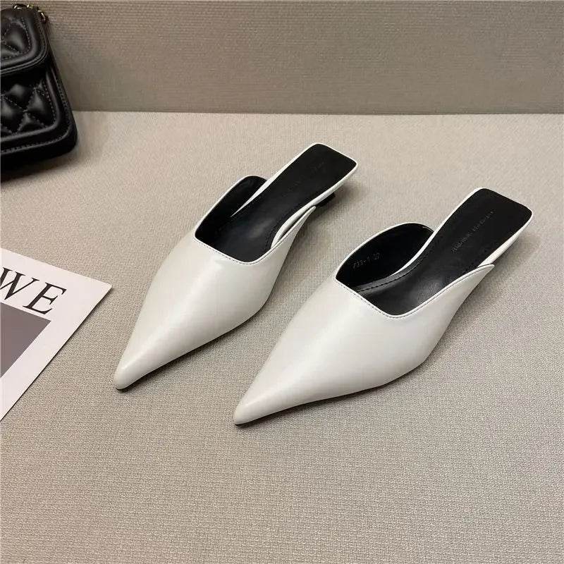 Buy Center Women's White Pointed Toe Mules - Comfortable Low Heel Slides - Buy Center UK