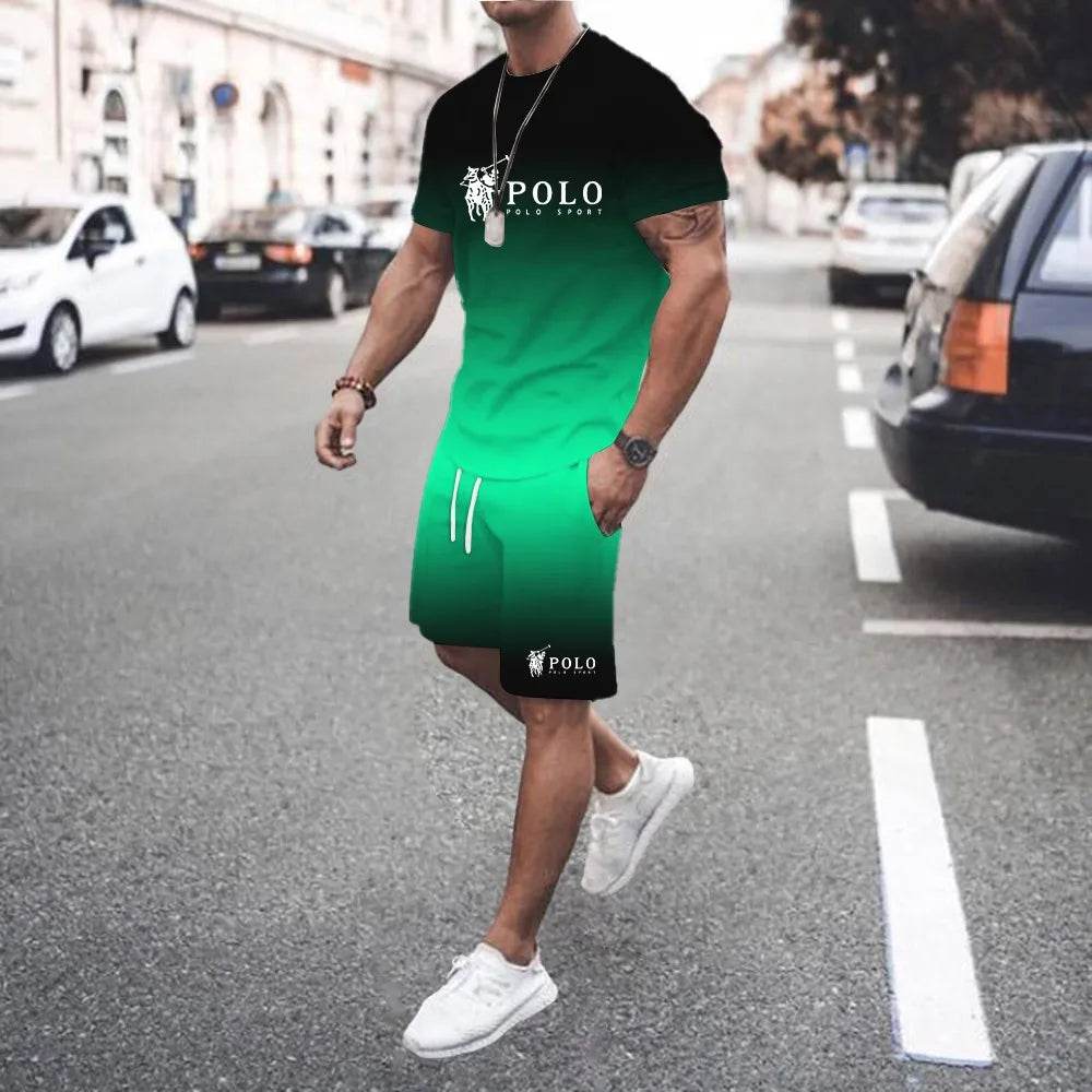 Trendy 3D Gradient Letter Print T-Shirt and Shorts Set for Men - Buy Center UK