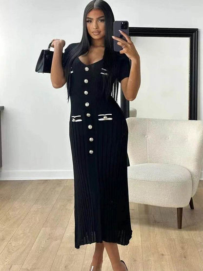 Buy Center Elegant Knitted Long Dress - V-neck Bodycon for Summer - Buy Center UK