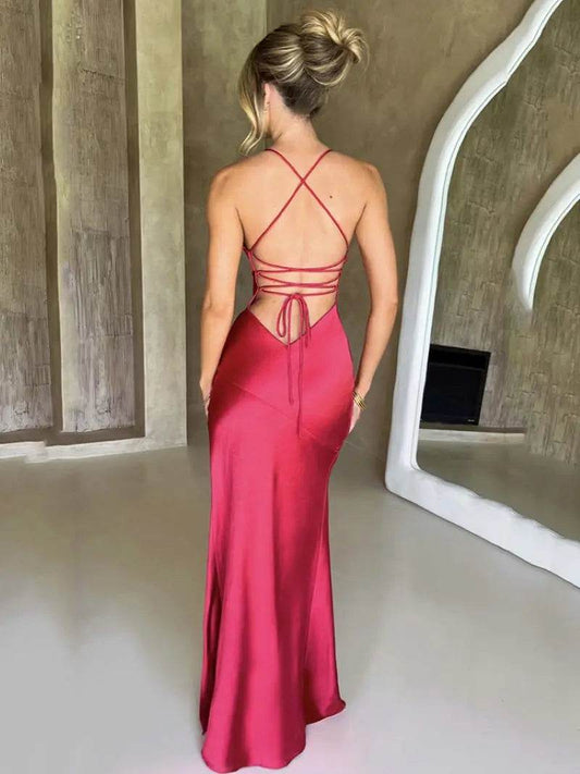 Buy Center Women's V-Neck Satin Backless Dress - Elegant and Chic - Buy Center UK
