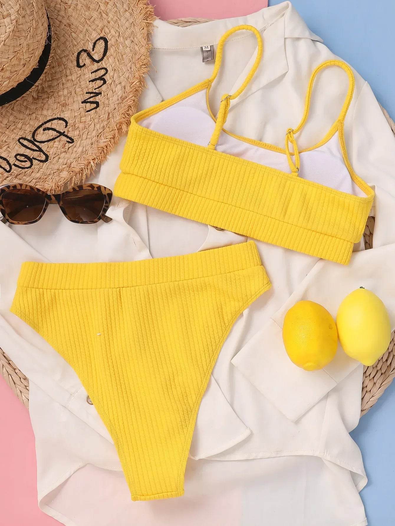 Sexy Solid Yellow Bikini 2024 - High Cut, High Waist Swimwear - Buy Center UK