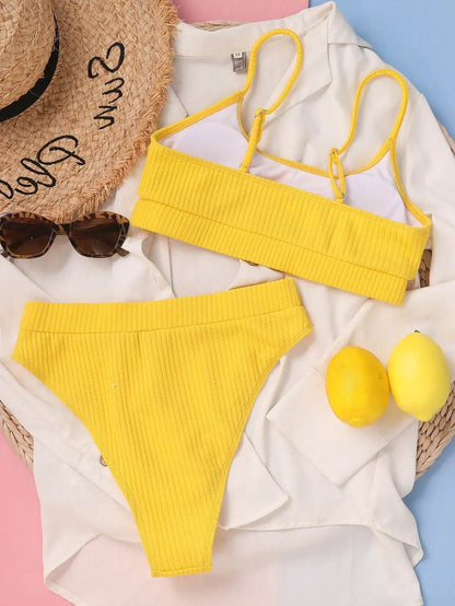 Sexy Solid Yellow Bikini 2024 - High Cut, High Waist Swimwear - Buy Center UK