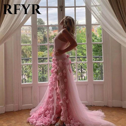 RFYR Pink Mermaid Prom Dress - 3D Flower Design, Side Slit Gown - Buy Center UK
