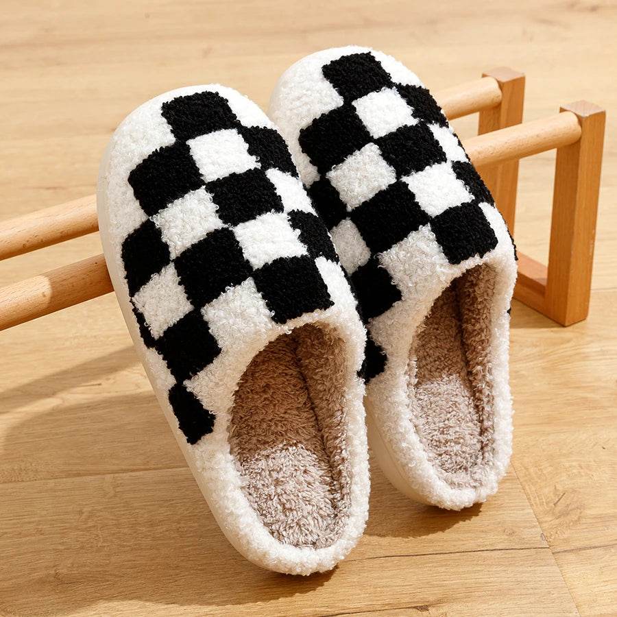 Buy Center Women's Fluffy Checker Slippers - Cozy Indoor House Shoes - Buy Center UK
