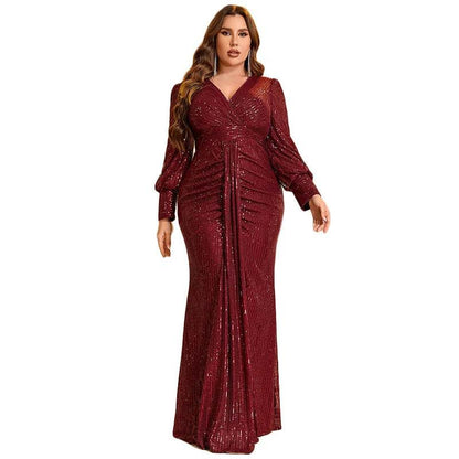TOLEEN Plus Size Maxi Dress - Elegant V-Neck Sequin Evening Gown - Buy Center UK