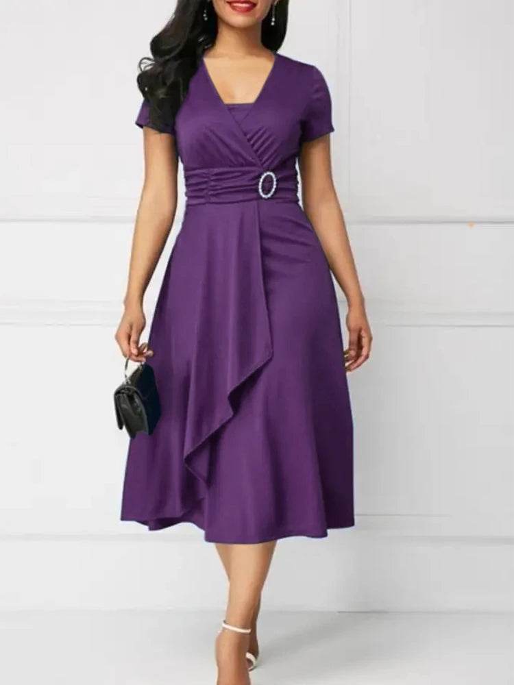 Elegant Summer Midi Dress - Women’s V Neck Asymmetric Hem Style - Buy Center UK