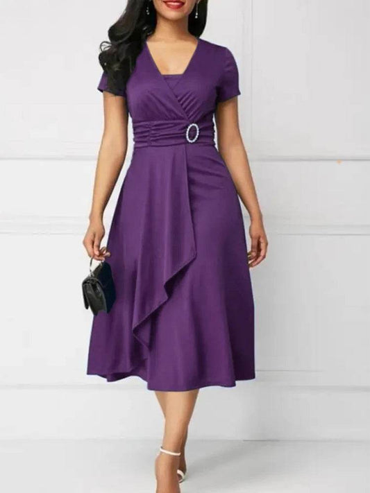 Elegant Summer Midi Dress - Women’s V Neck Asymmetric Hem Style - Buy Center UK