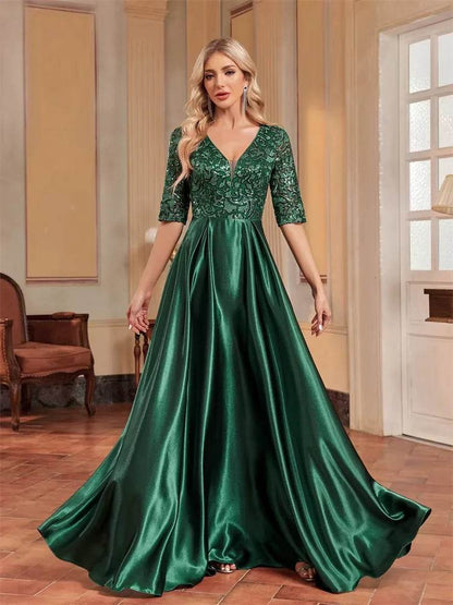 Luxury Green Satin V-Neck Evening Dress with Sequins for Women - Buy Center UK