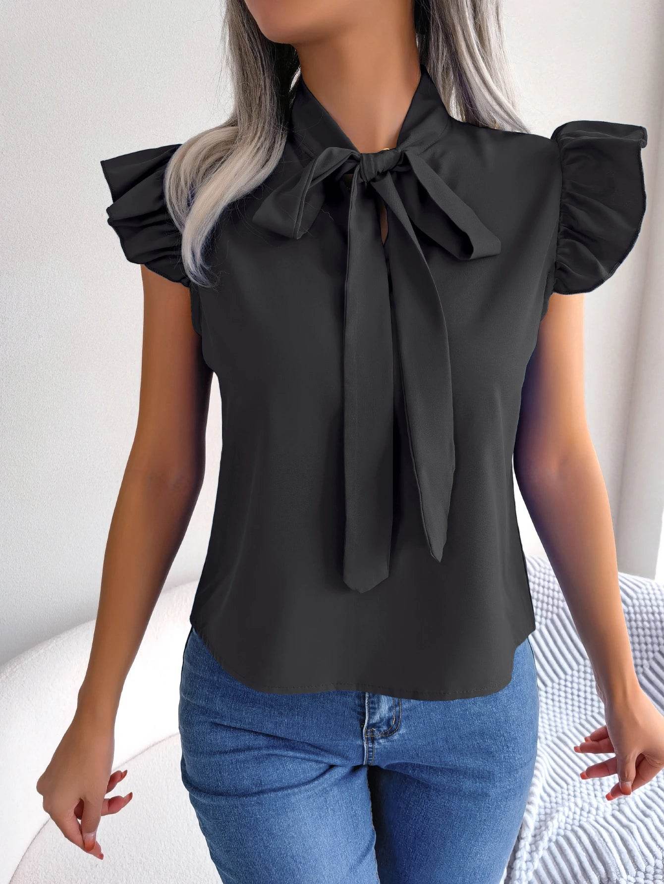 Buy Center Women’s Summer Chiffon Blouse - Bow Ruffle Short Sleeve - Buy Center UK