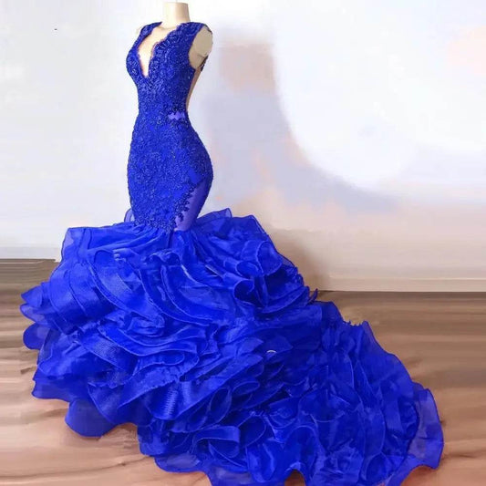 Royal Blue Lace Beaded Mermaid Dress - Elegant Puffy Ruffles - Buy Center UK
