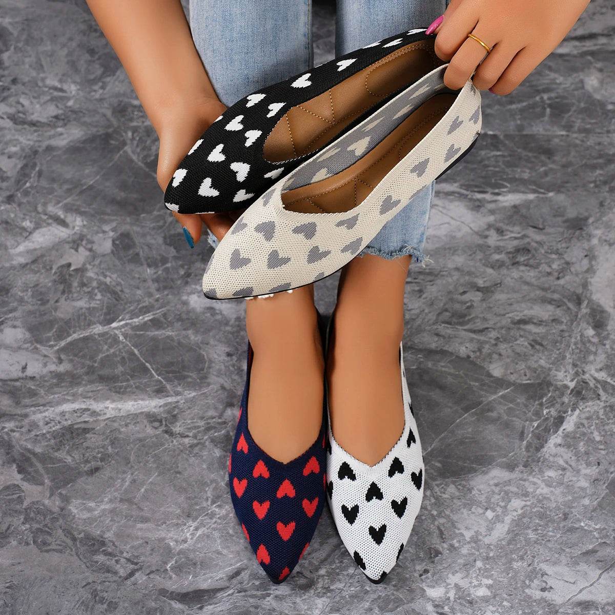 Women's Pointed Knitted Love Print Flat Shoes - Spring/Fall Style - Buy Center UK