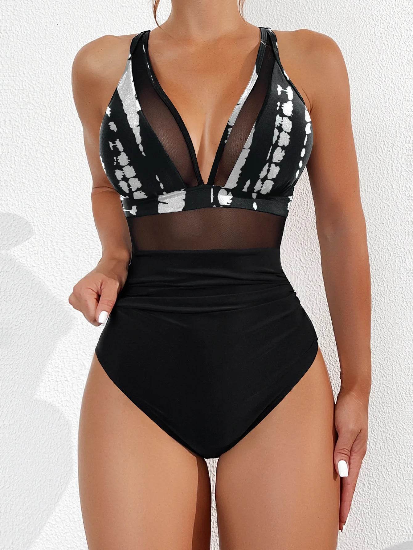 2025 Solid Mesh Patchwork One Piece Swimwear - Sexy Push-Up Design - Buy Center UK