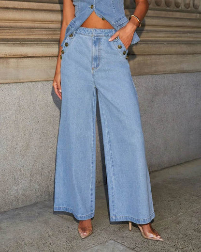 Fmxires Women's Retro Denim Vest & Wide-Leg Pants Set - Summer Style - Buy Center UK
