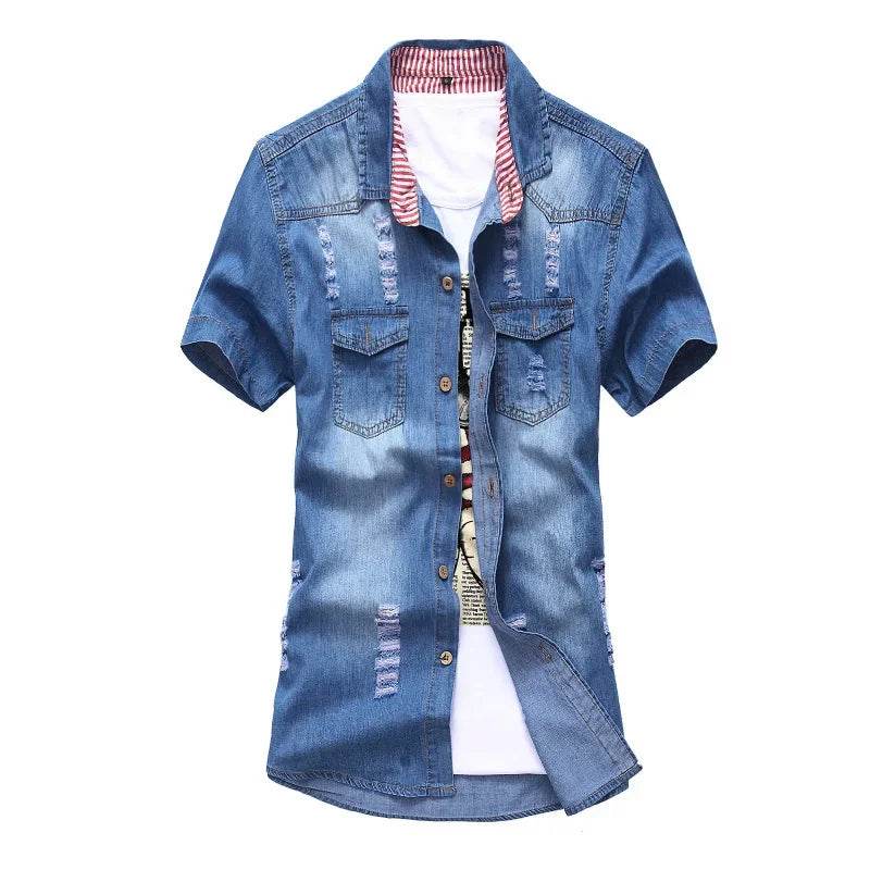 Stylish Korean Men's Slim Fit Ripped Denim Shirt - Summer Casual Top - Buy Center UK