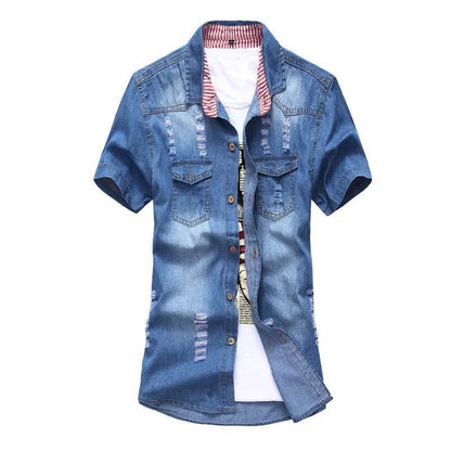 Stylish Korean Men's Slim Fit Ripped Denim Shirt - Summer Casual Top - Buy Center UK