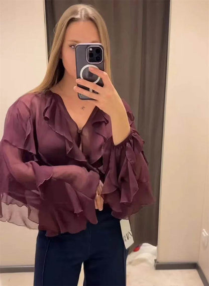 Ruffles Elegant Long Sleeve Blouse for Women - Lightweight Spring Style - Buy Center UK